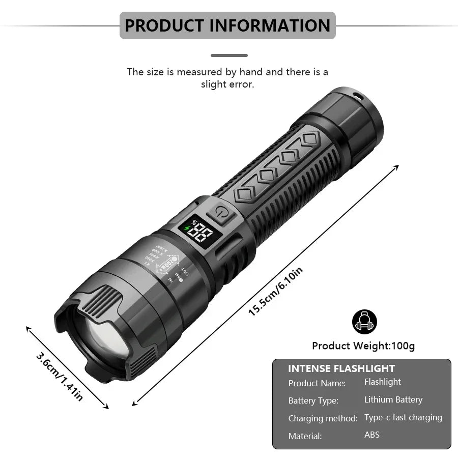 Ultra Bright LED Flashlight Strong Light Telescopic Zoom Torch USB Rechargeable with Power Display Lamp Camping Emergency Lamp