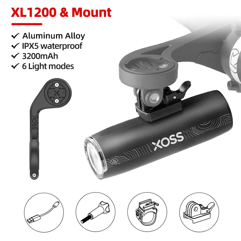 XOSS 1200 Lm Bike Light XL1200 Headlight Waterproof Type-C Rechargeable Front Lamp Bicycle Light Aluminum Ultralight Flashlight