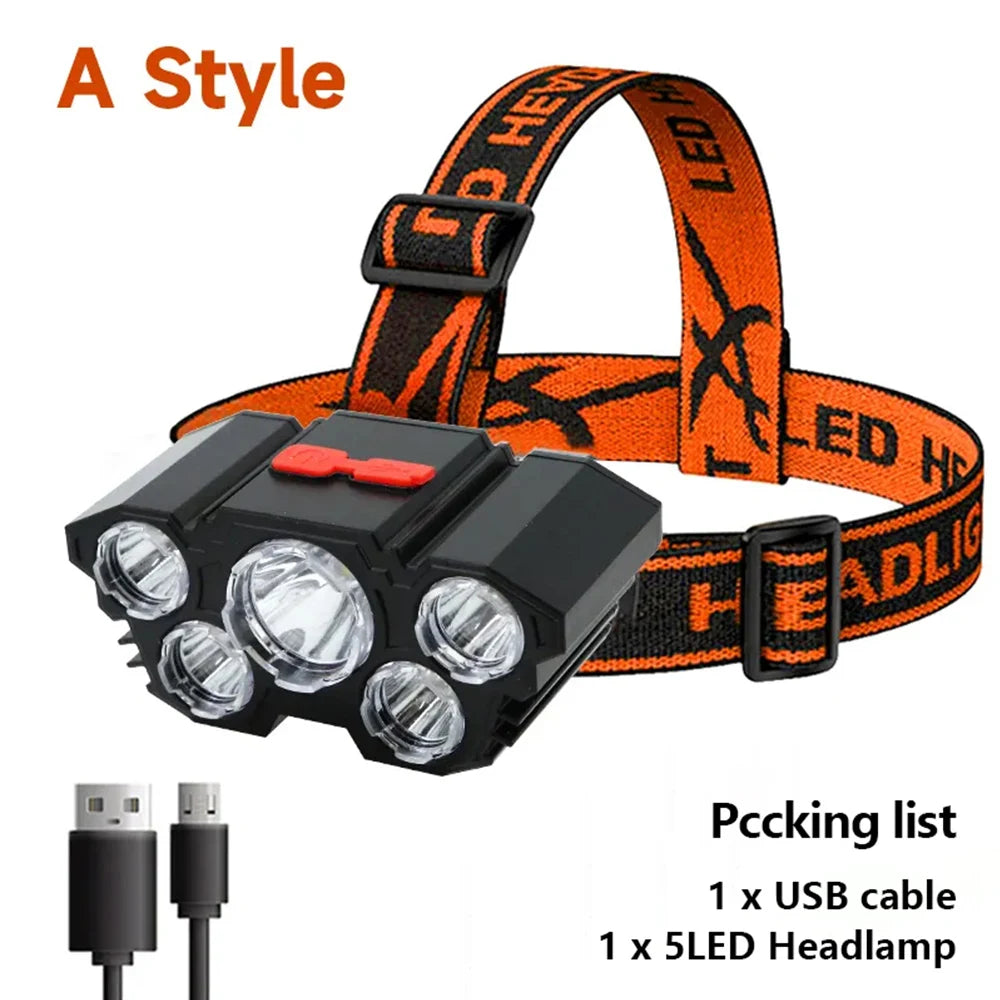 5 LED Flashlight Rechargeable with Built in Battery Strong Light Camping Adventure Fishing Head Light Headlamp