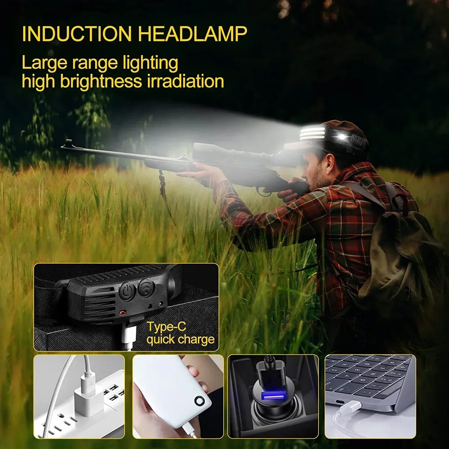 IR Motion Sensor Headlamp USB Rechargeable Headlight White/Yellow/Red Light 10 Modes Head Lamp Waterproof Head Light