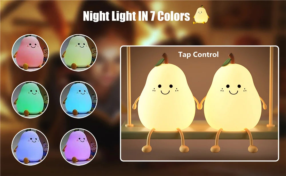 Night Lights for Kids Pear Shaped Cute Silicone Nightlight 7 Colors Dimmable Night Lamp USB Charging for Bedroom Bedside Room