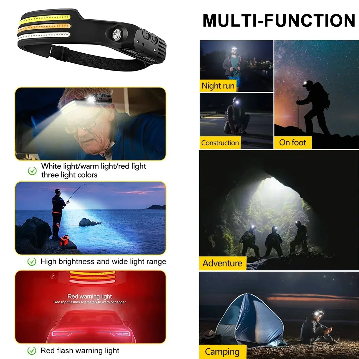 IR Motion Sensor Headlamp USB Rechargeable Headlight White/Yellow/Red Light 10 Modes Head Lamp Waterproof Head Light