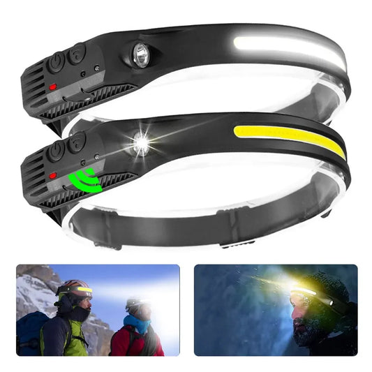 COB LED Flashlight USB Rechargeable Hand Sweep Sensor Headlamp 5 Lighting Modes Head Torch Camping Fishing Work Head Light