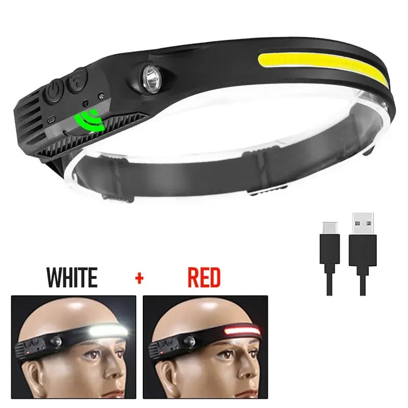 COB LED Flashlight USB Rechargeable Hand Sweep Sensor Headlamp 5 Lighting Modes Head Torch Camping Fishing Work Head Light