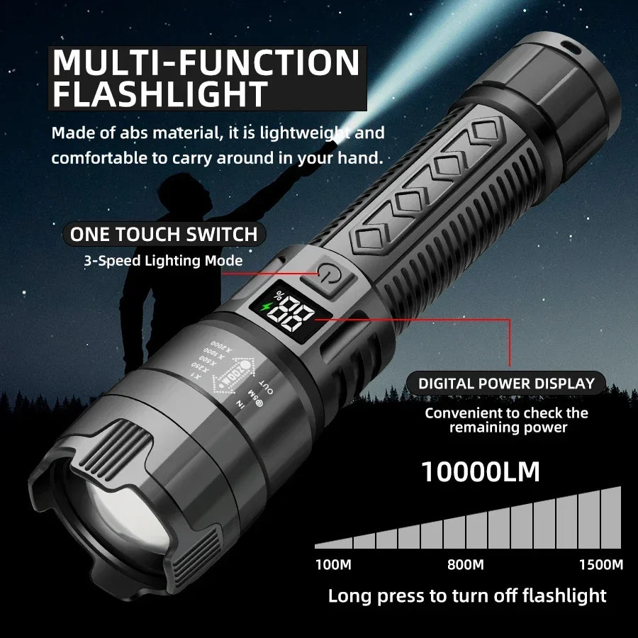 Ultra Bright LED Flashlight Strong Light Telescopic Zoom Torch USB Rechargeable with Power Display Lamp Camping Emergency Lamp