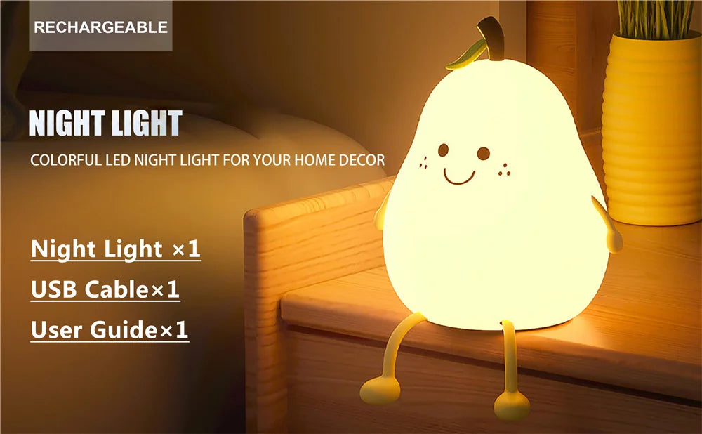 Night Lights for Kids Pear Shaped Cute Silicone Nightlight 7 Colors Dimmable Night Lamp USB Charging for Bedroom Bedside Room