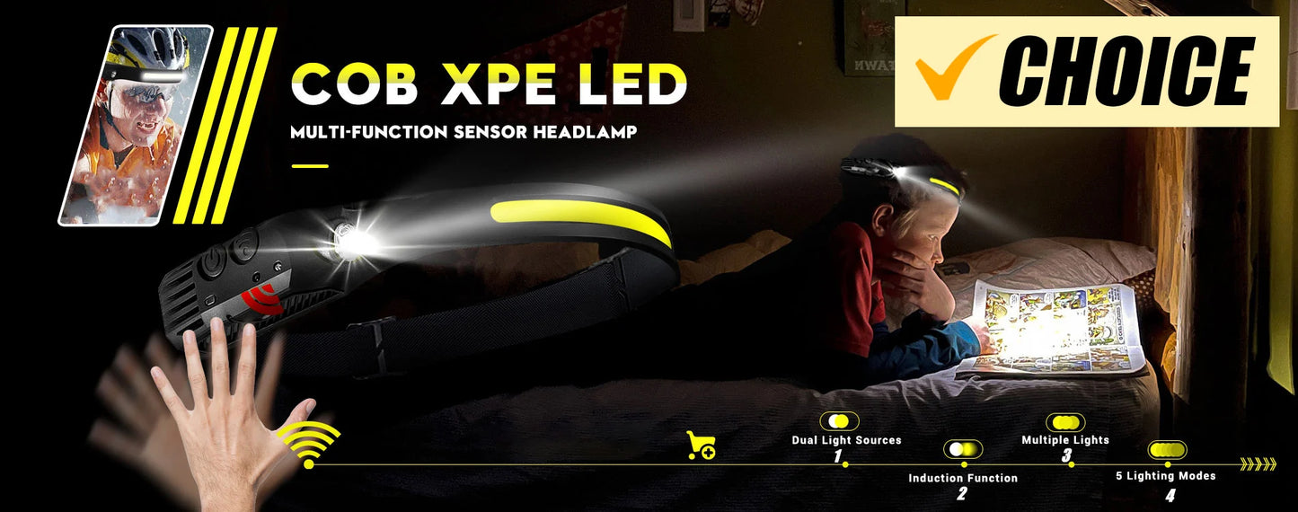 USB Rechargeable LED Sensor Headlamp XPE+COB Headlight Led Head Torch Camping Search Light Head Flashlight for Fishing Lantern