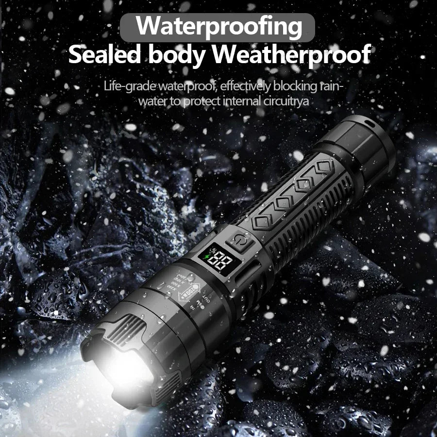 Ultra Bright LED Flashlight Strong Light Telescopic Zoom Torch USB Rechargeable with Power Display Lamp Camping Emergency Lamp