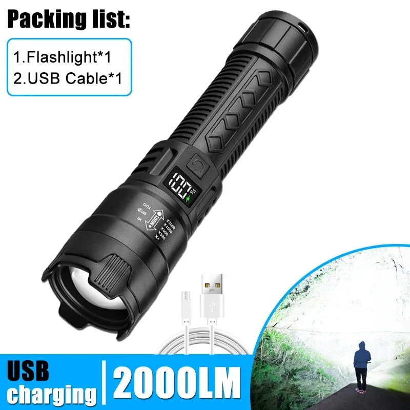 Ultra Bright LED Flashlight Strong Light Telescopic Zoom Torch USB Rechargeable with Power Display Lamp Camping Emergency Lamp