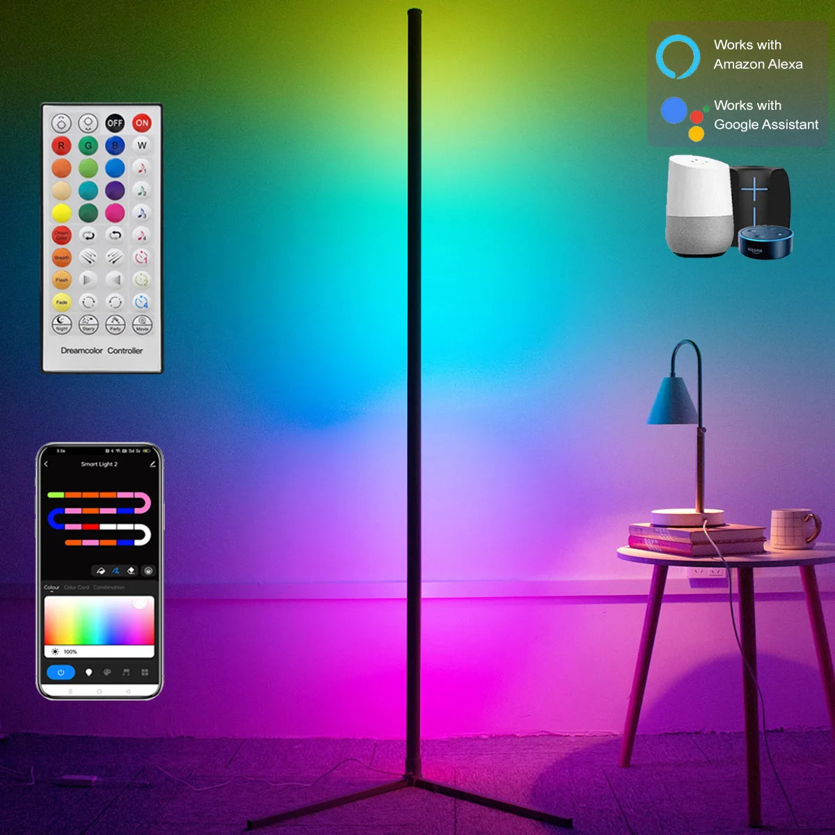 160cm Smart Tuya Corner Floor Lamp Dimmable RGB LED Modern Mood Lighting Alexa Stand Lights for Bedroom Gaming Living Room Decor